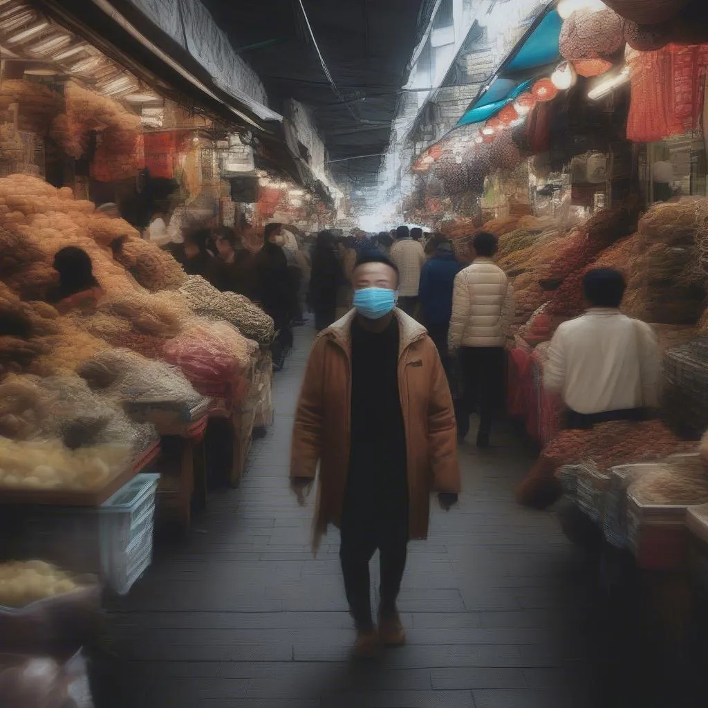 Traveler wearing a mask in crowded market