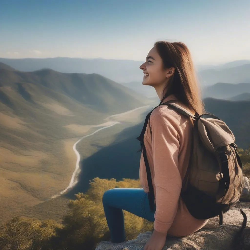 Smiling traveler enjoying a scenic view