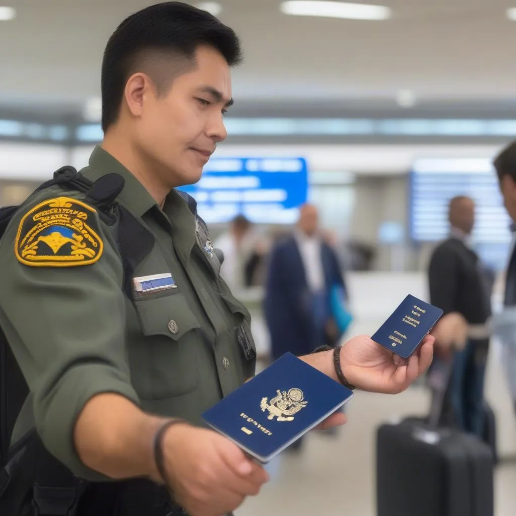 Traveler showing passport at airport