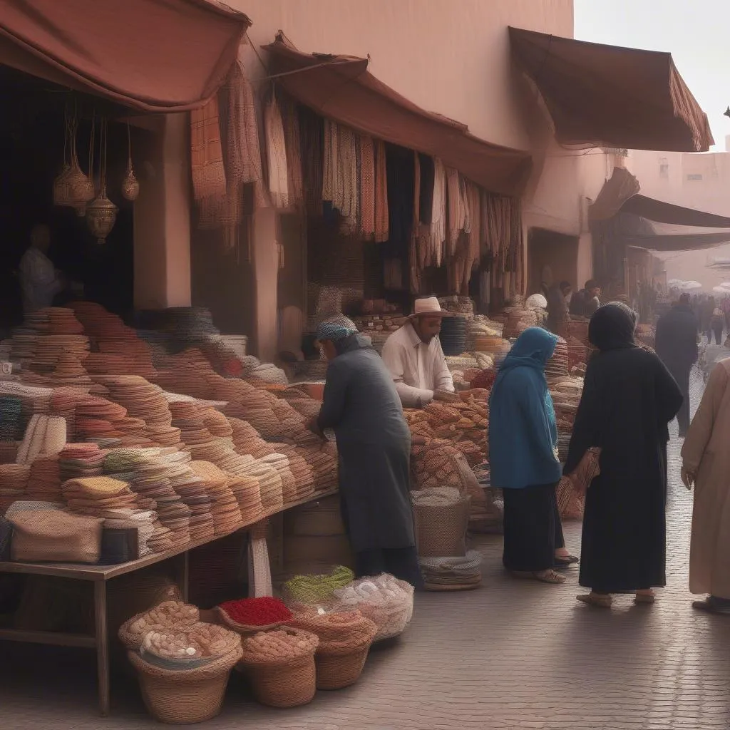 Travelers Cheques at a bustling Marrakech marketplace