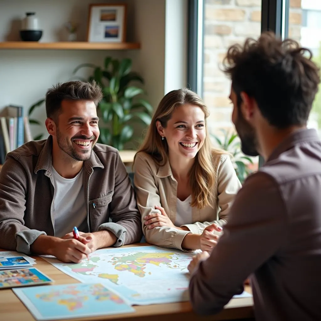 Travelers discussing trip with agent