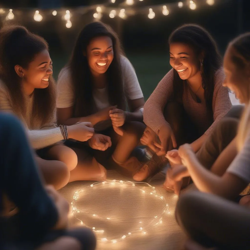 Group of friends making friendship bracelets together during a trip.