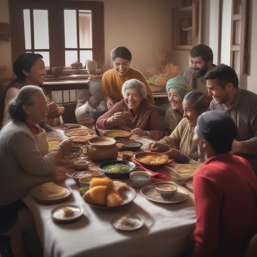 Travelers Sharing Meal with Local Family