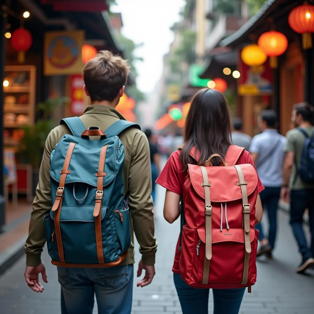 Travelers with Backpacks Exploring Hanoi Old Quarter