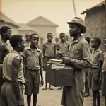 Traveling book salesman visiting a village