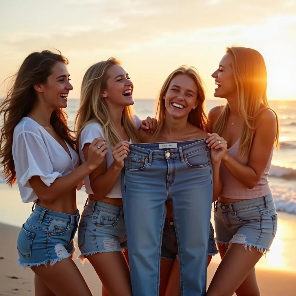 Four friends holding up a pair of jeans