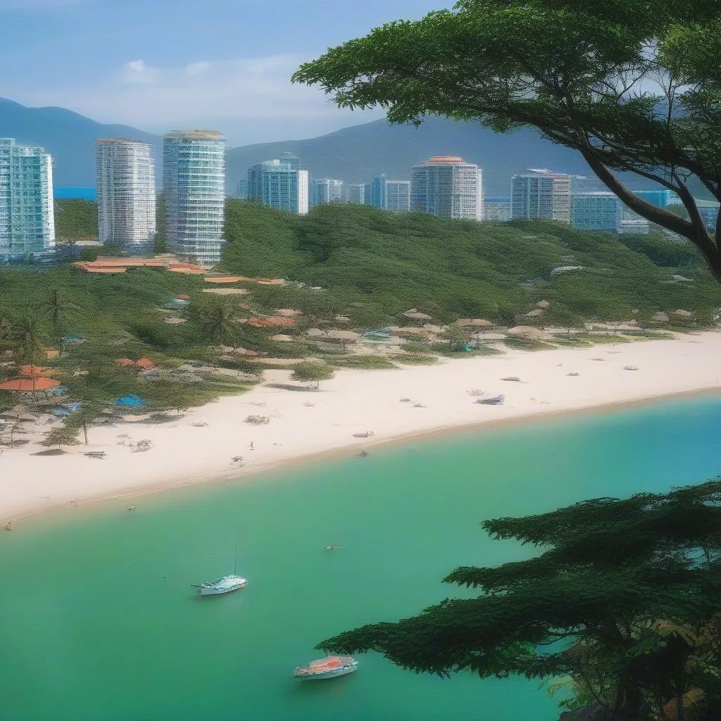 A picturesque view of a beach in Nha Trang, Vietnam with crystal clear water and blue skies. 