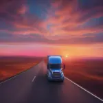 Truck driving on an open road towards the sunrise.