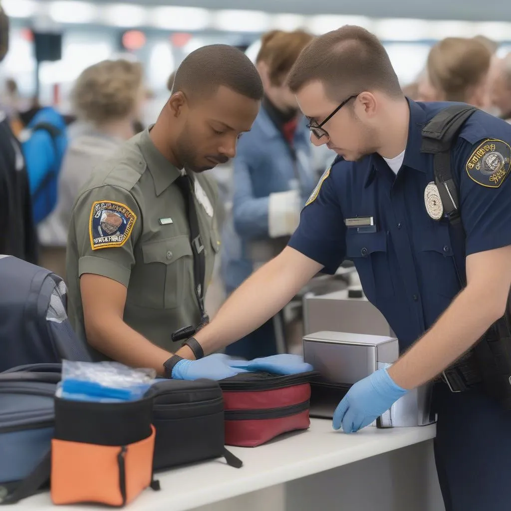 TSA agent checking bag for prohibited items