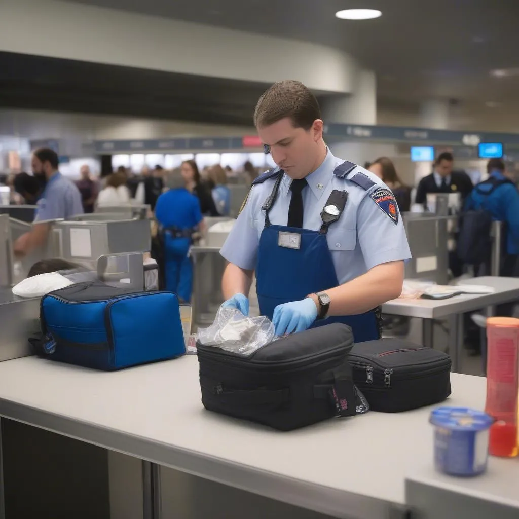 TSA agent checking carry-on bag for prohibited items