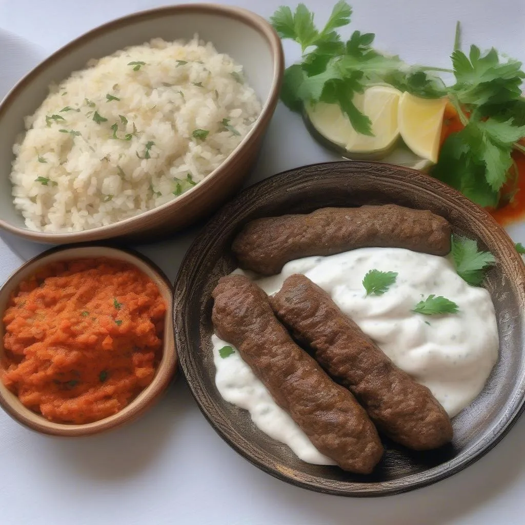 Turkish kofte served on a plate with rice and yogurt sauce.