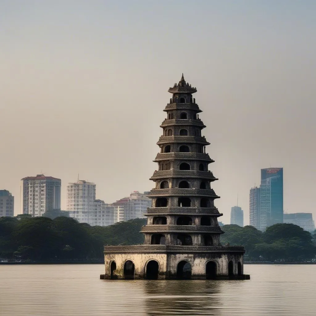 The iconic Turtle Tower standing tall in the middle of Hoan Kiem Lake, Hanoi