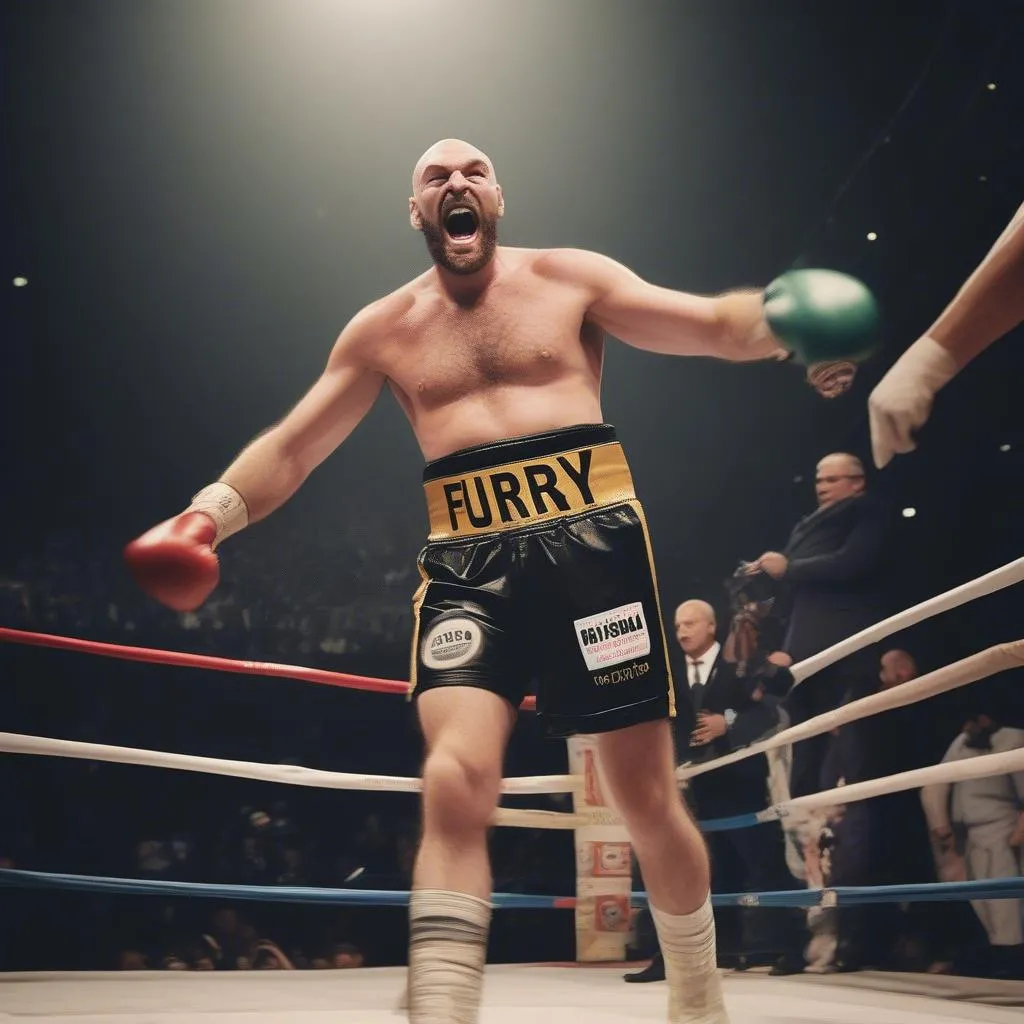 Tyson Fury celebrating a victory in the boxing ring