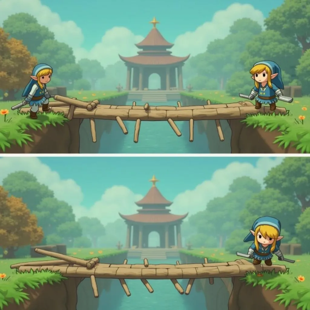 Link using Ultrahand to build a bridge to a shrine