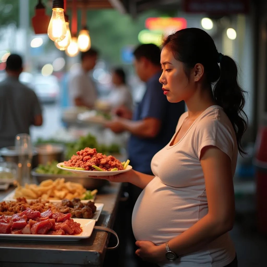 Pregnant woman avoiding undercooked food in Hanoi