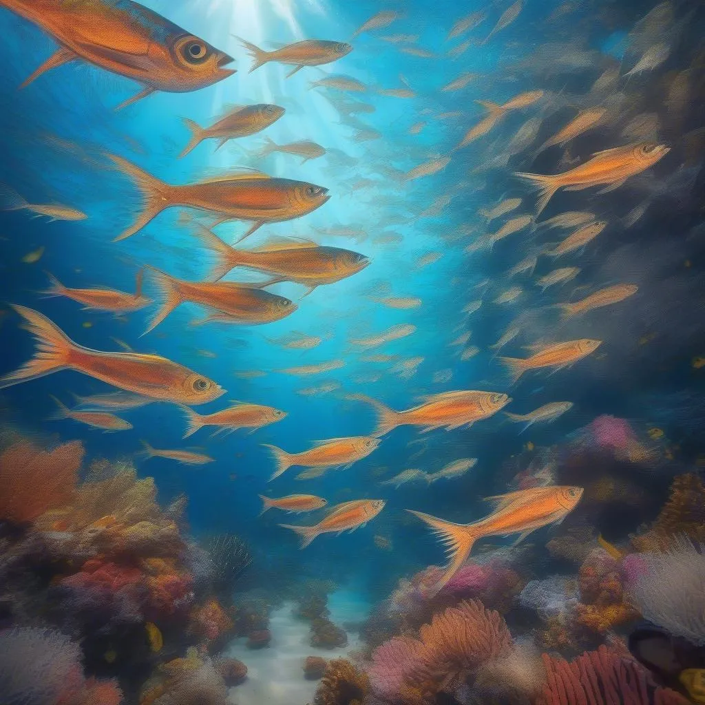 Underwater view of a school of flying fish