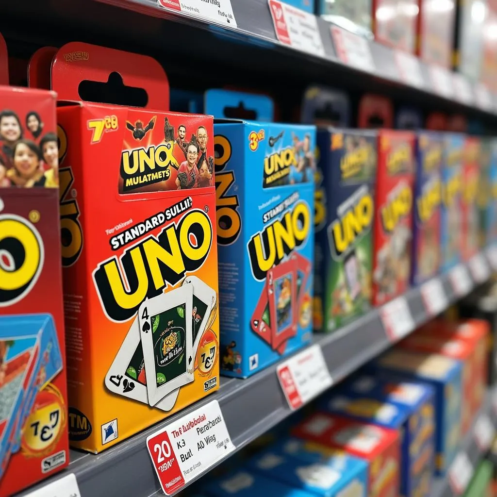 Various editions of Uno card decks are neatly arranged on a shelf in a toy store in Hanoi