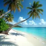 White sand beach with palm trees and turquoise water in the US Virgin Islands