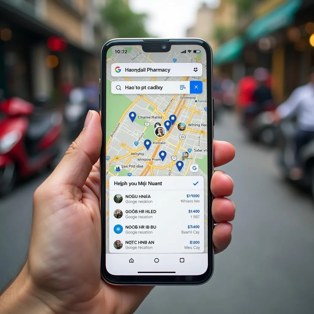 Smartphone Displaying Google Maps with Pharmacy Locations in Hanoi