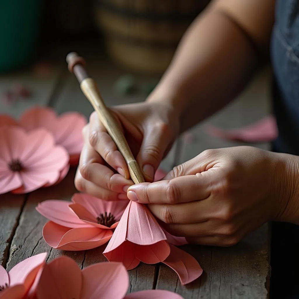 Artisan handcrafting mulberry paper flowers in Van Phuc Silk Village