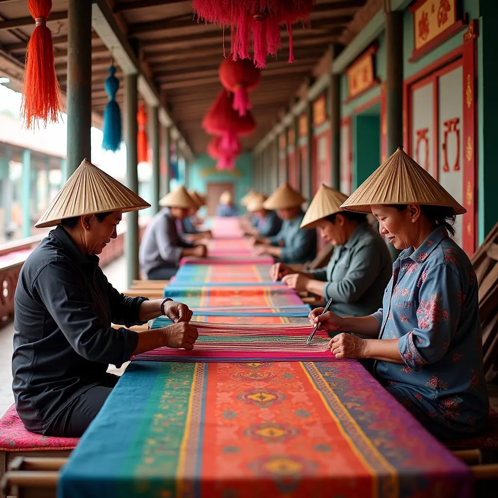 Artisans weaving Ha Dong silk in Van Phuc Village