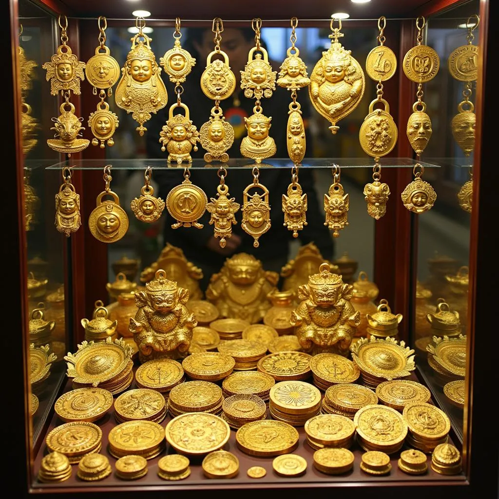 Variety of Golden Amulets on Display in a Hanoi Shop