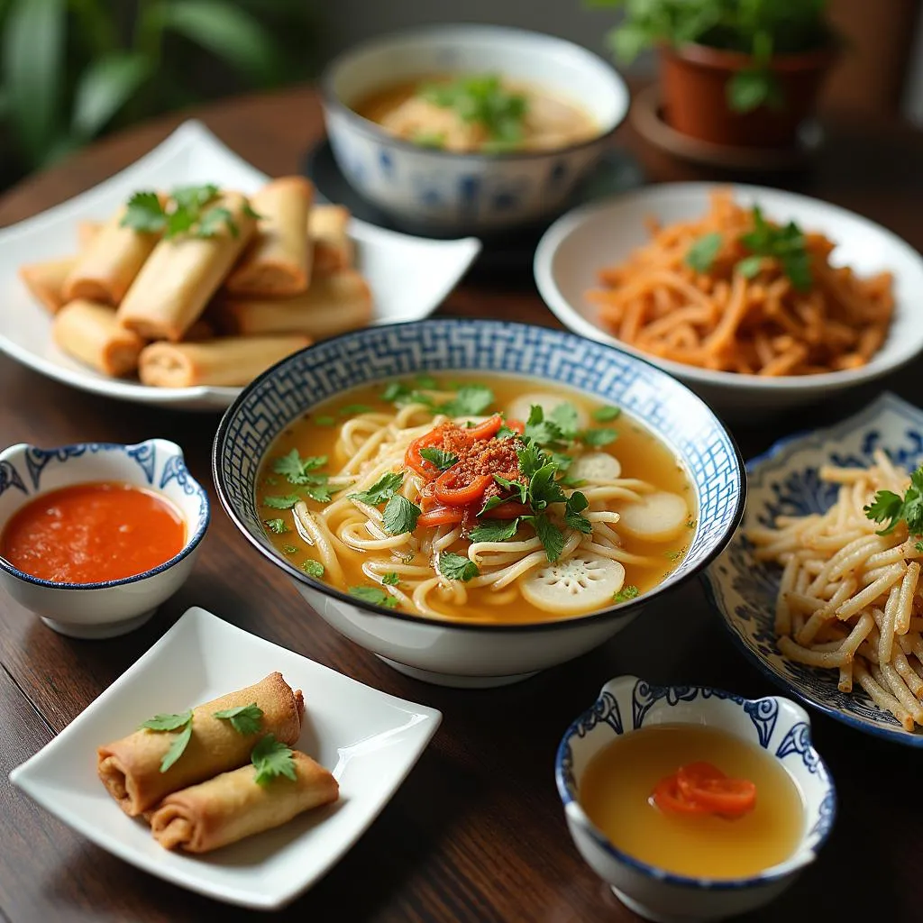 Variety of Vietnamese dishes on a table