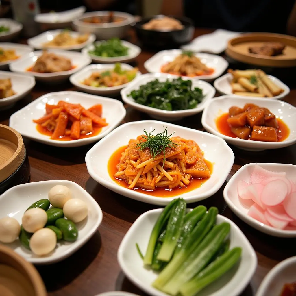 A colorful assortment of Korean side dishes (banchan)