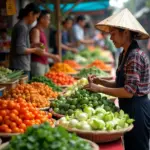 Decorating Vegetables in a Hanoi Market