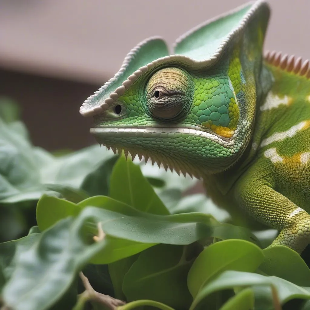 Veiled Chameleon Eating Greens