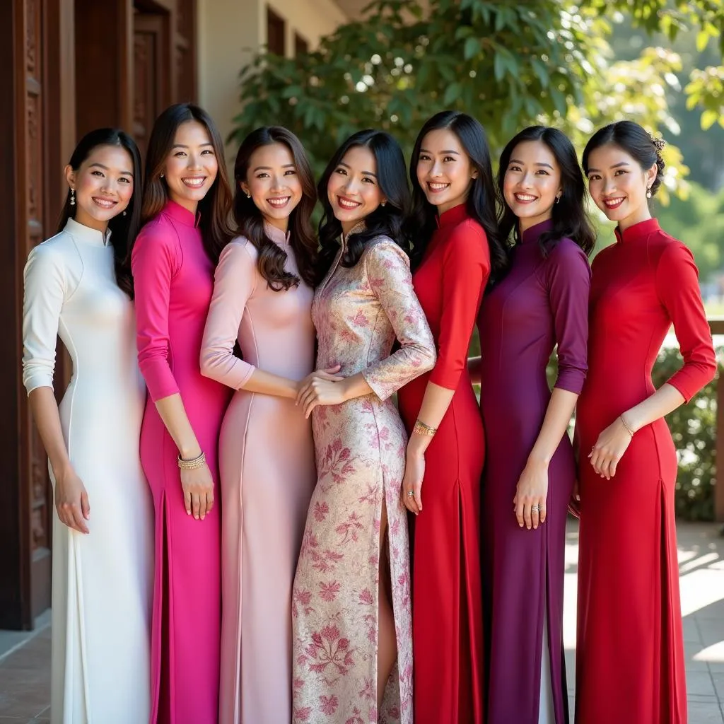 Guests wearing colorful Ao Dai at a Vietnamese wedding