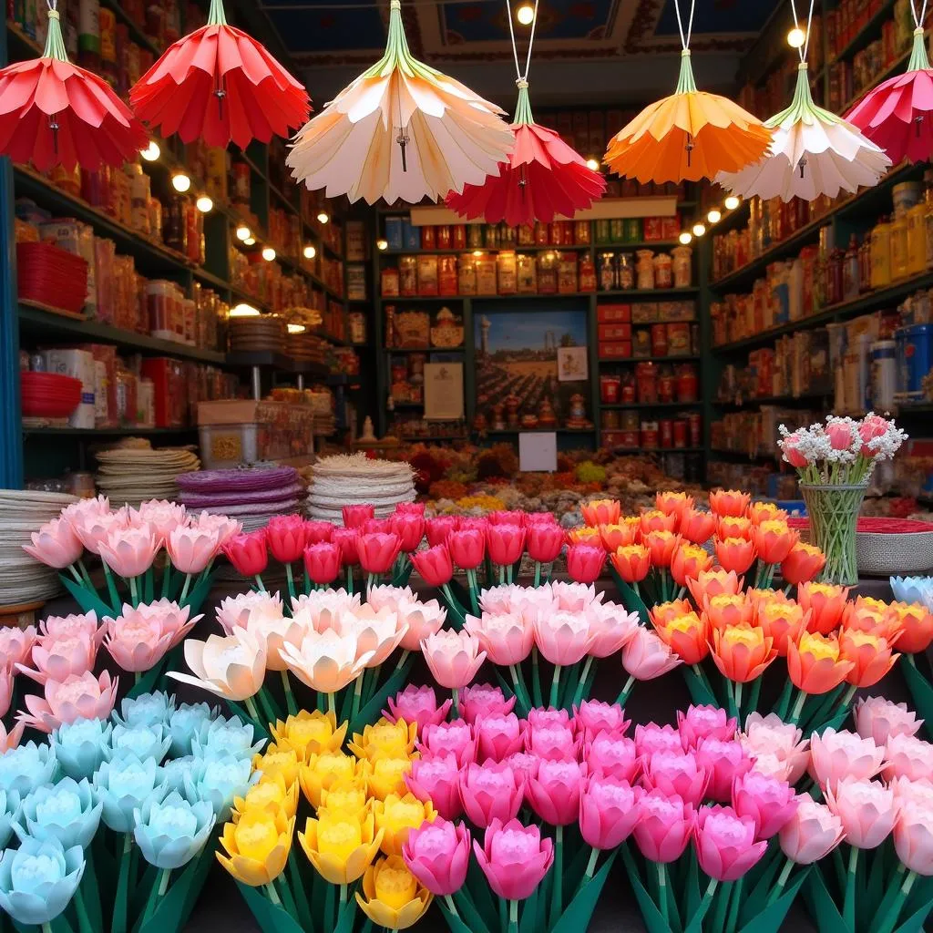 A colorful display of mulberry paper flowers in Hanoi