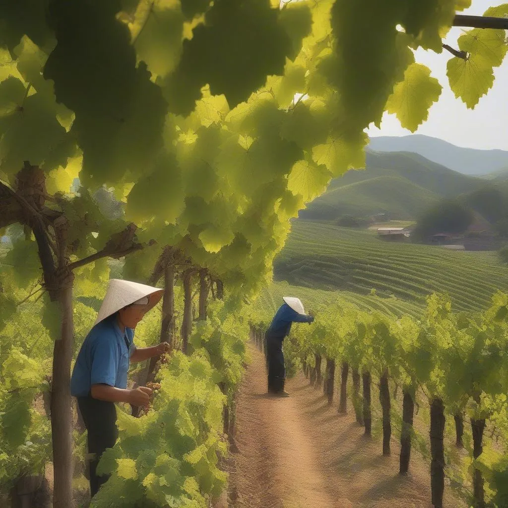 a-farm-in-vietnam-with-rows-of-grape-vines-and-workers-harvesting-grapes