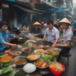 A bustling Vietnamese street food stall, showcasing the vibrant street food scene and highlighting the challenges of eating healthy while traveling