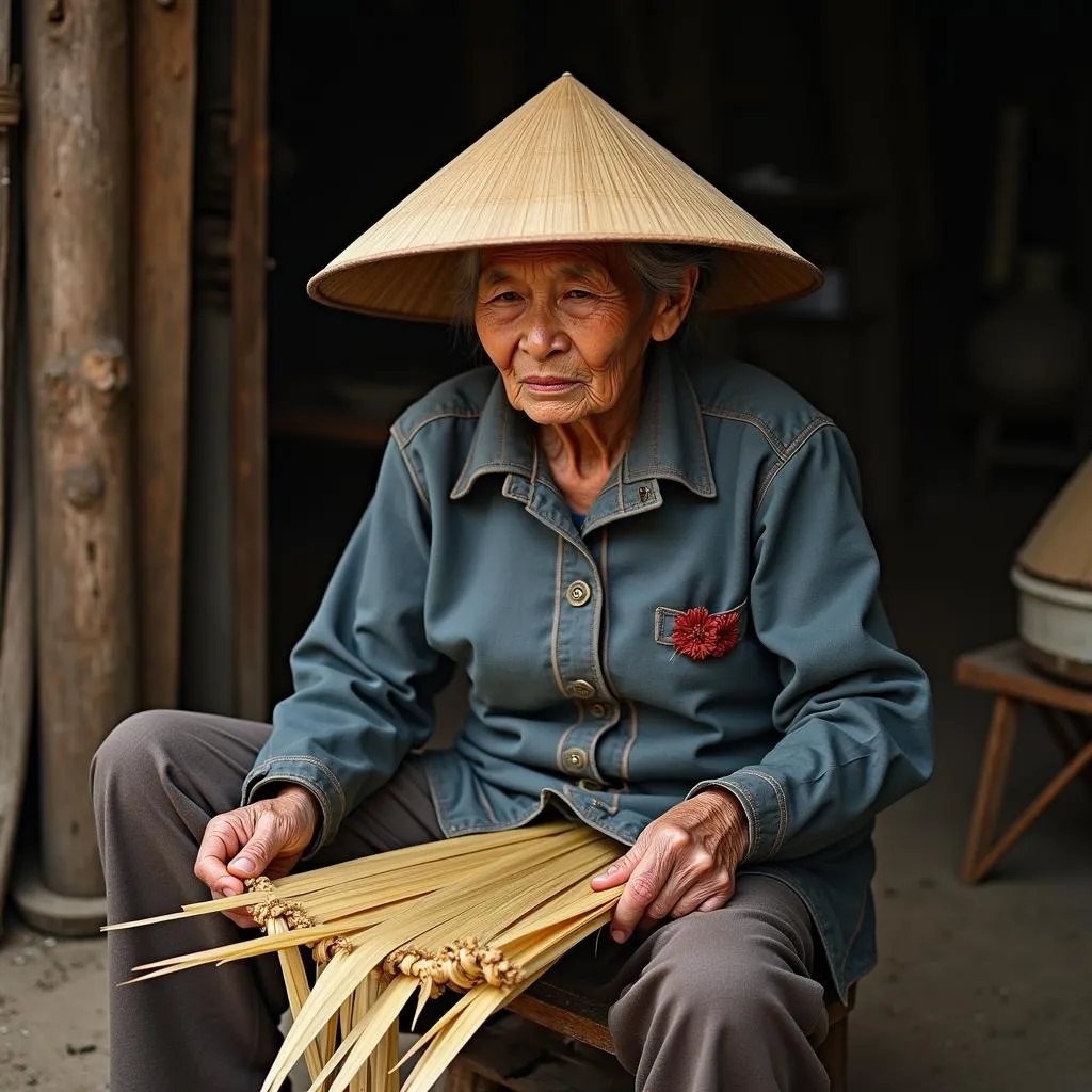 Vietnamese artisan crafting a conical hat