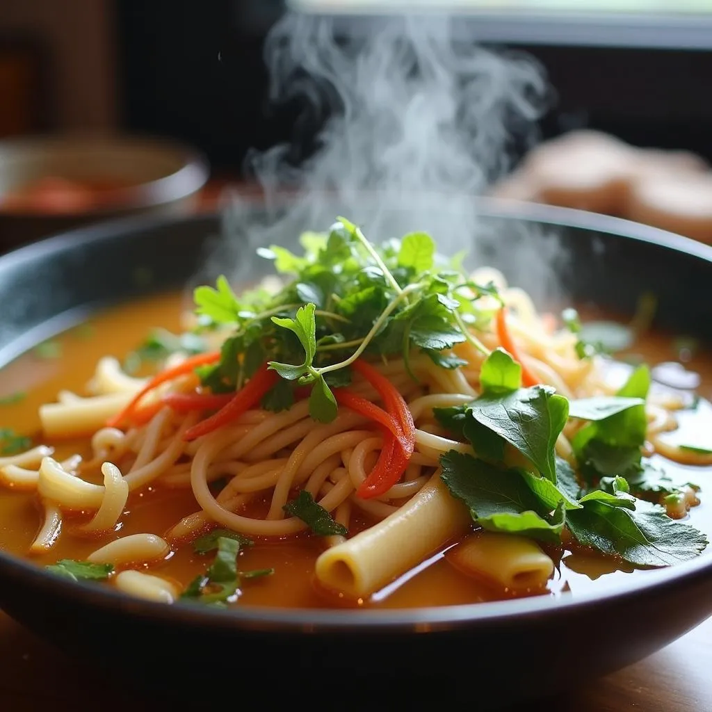 A close-up shot of a vibrant bowl of Vietnamese Cau Lau