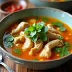 Steaming bowl of Vietnamese chicken soup with ginger and turmeric.