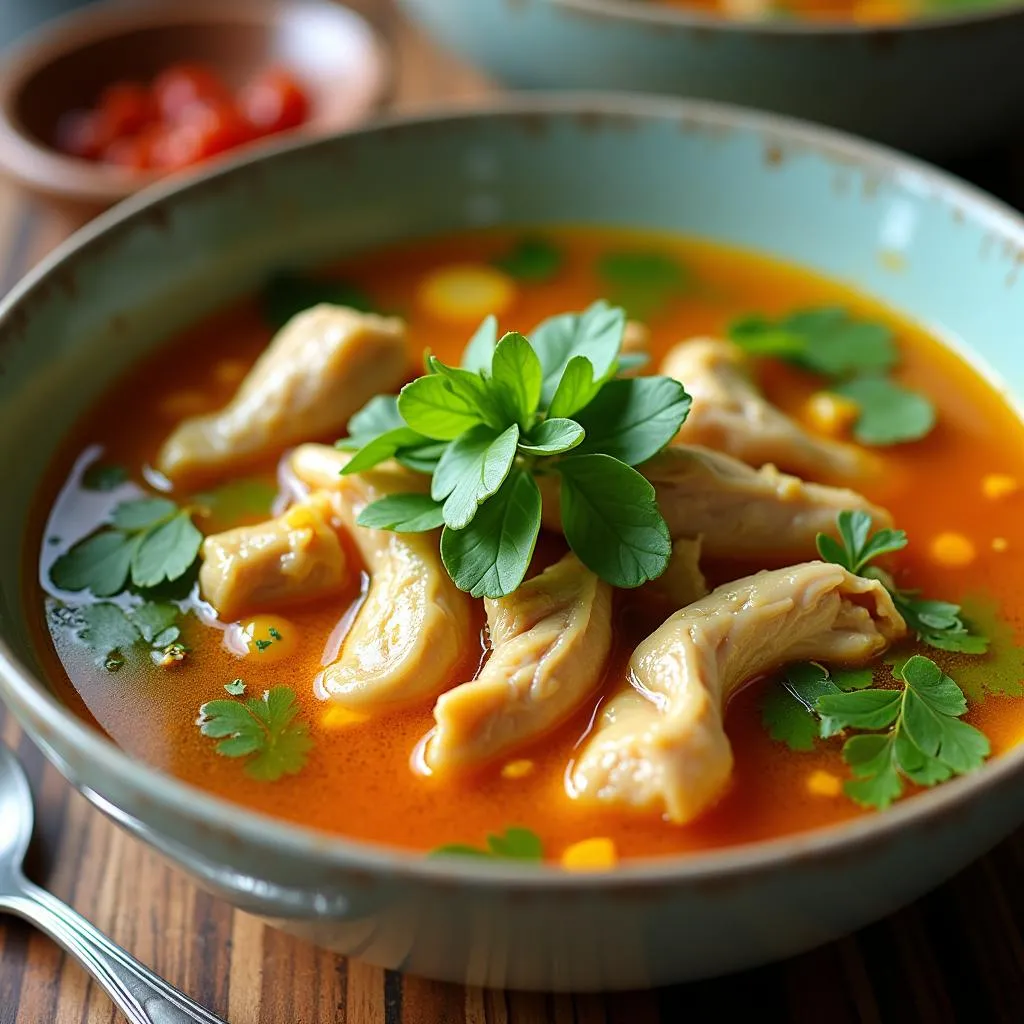 Steaming bowl of Vietnamese chicken soup with ginger and turmeric.