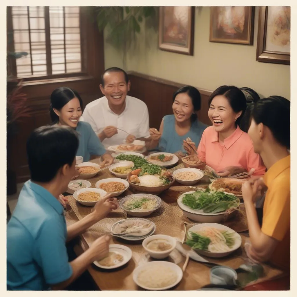 Family enjoying a meal at a &quot;quán ăn&quot;