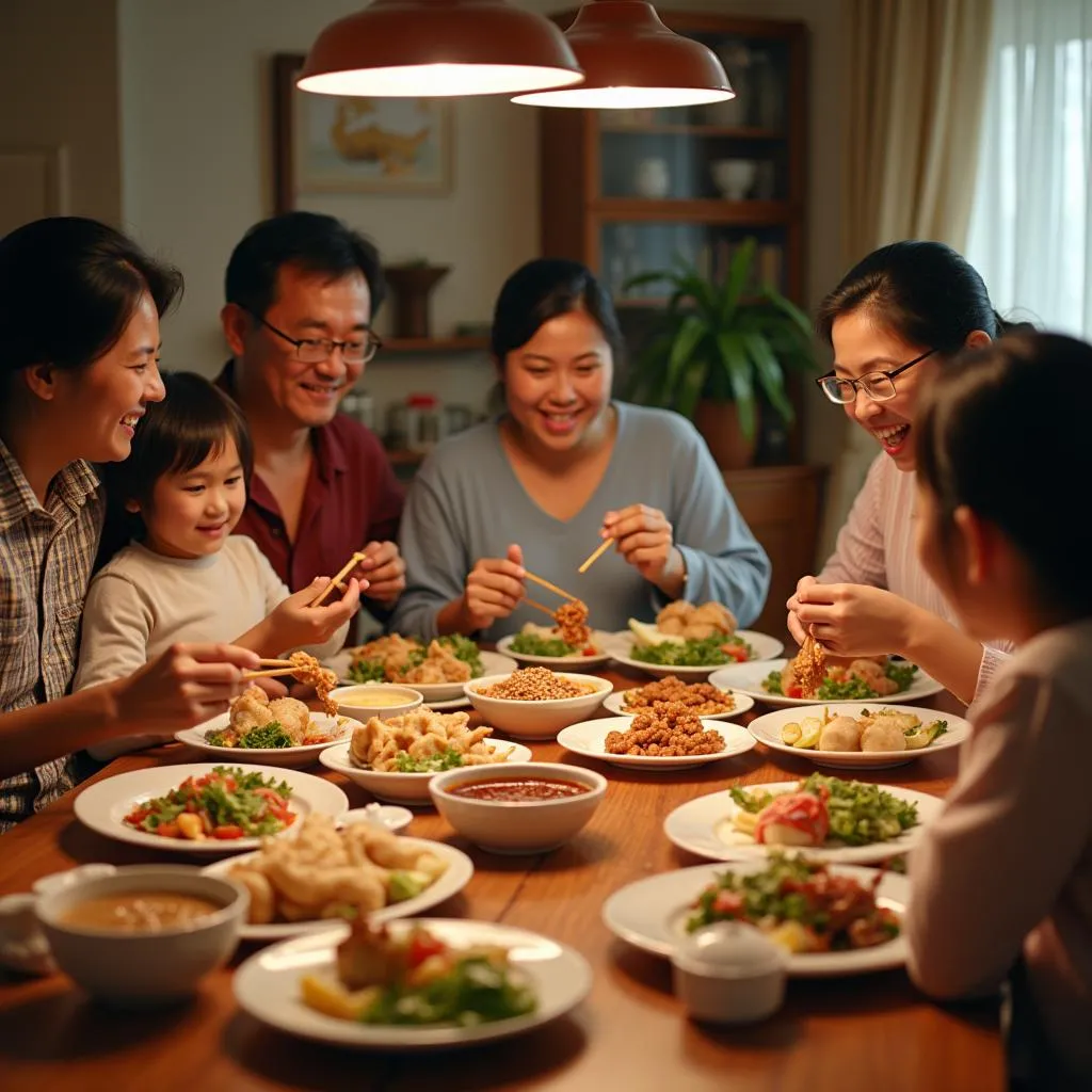 Vietnamese family sharing a meal with a bowl of sesame sauce in the center