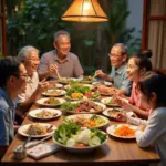 Vietnamese family enjoying a traditional "dân tộc" meal together