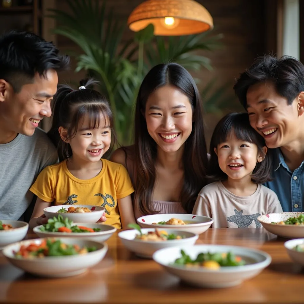 Family enjoying a traditional Vietnamese meal