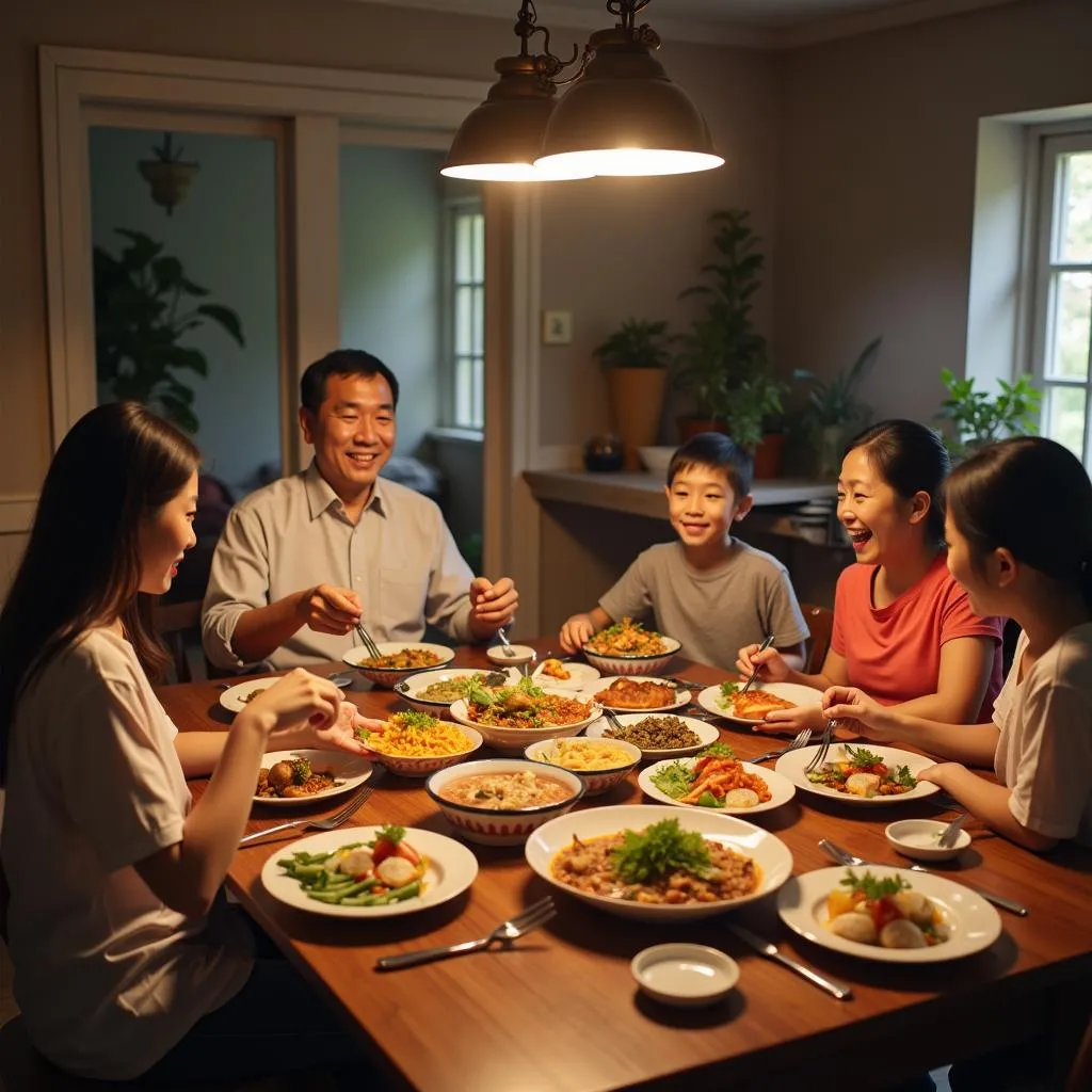 Vietnamese family sharing a meal together