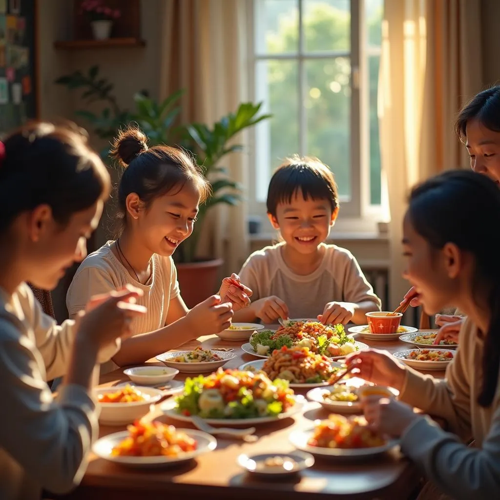 Vietnamese family enjoying meal