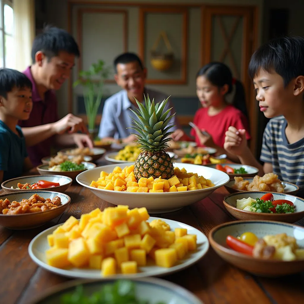 Vietnamese family enjoying a meal with a pineapple dish as the centerpiece