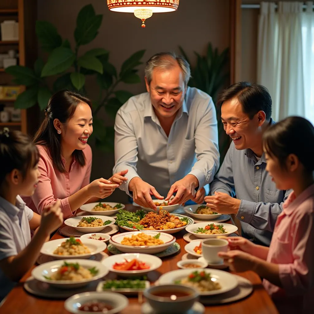 Vietnamese family dining together, enjoying traditional dishes with rong kinh