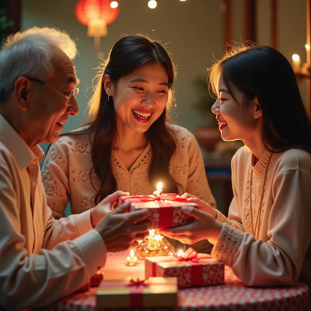 Vietnamese family exchanging gifts