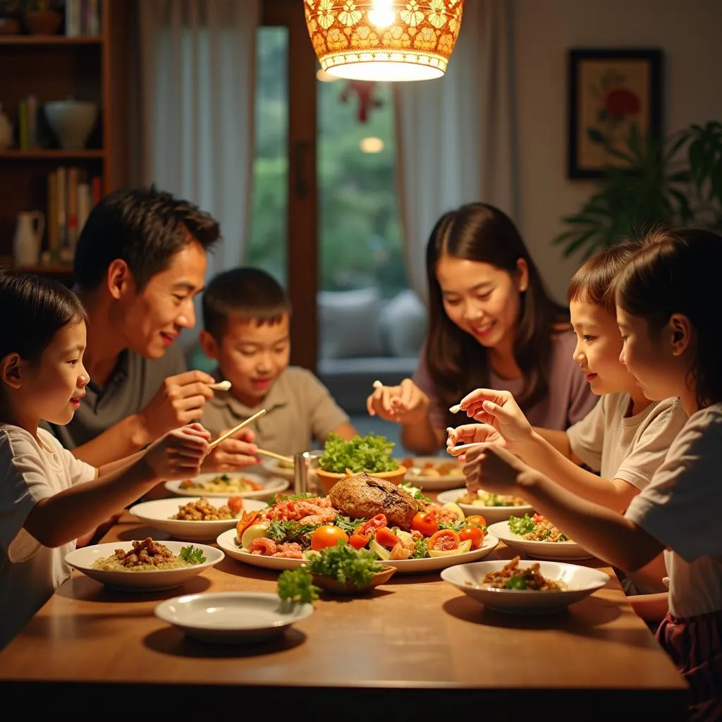 Vietnamese family enjoying meal together