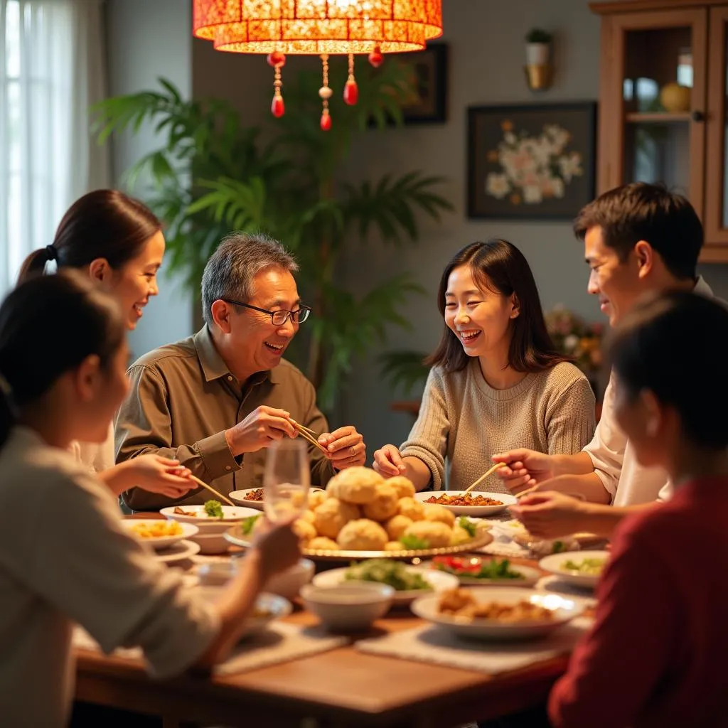 A Vietnamese family enjoys a meal together