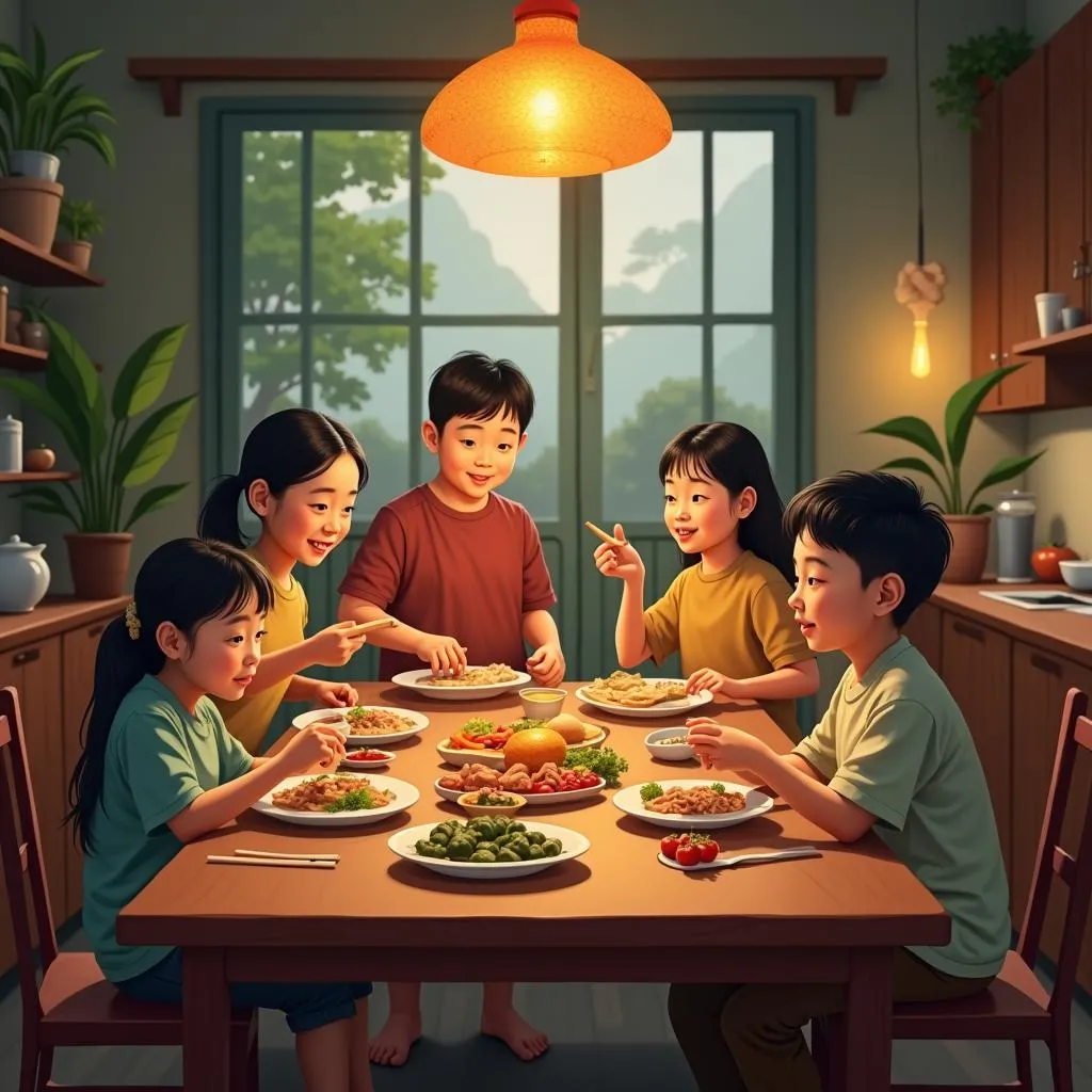 Vietnamese family enjoying a meal together